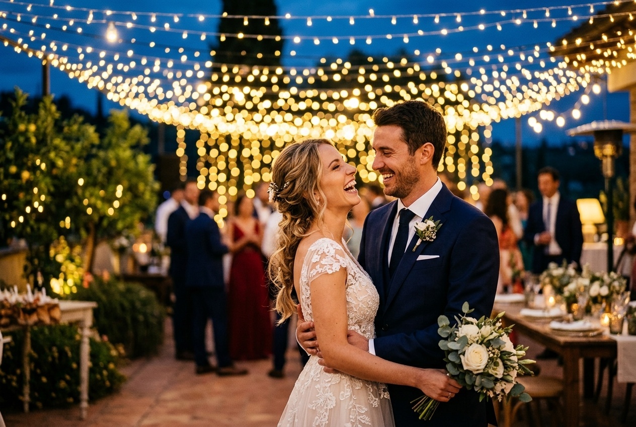 Wedding Couple laughing under fairy lights